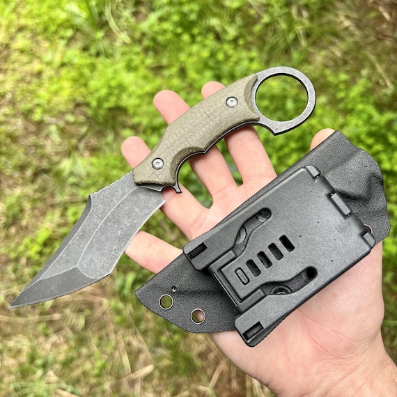 Karambit Style Knife, Kydex Ring Knife, Claw, Black D2 Steel Blade