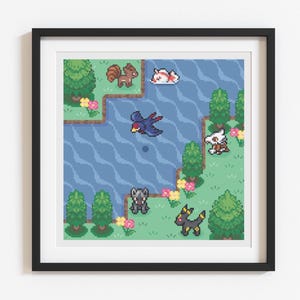 May include: Framed pixel art print featuring a landscape with a river, trees, and various pixelated creatures. The artwork is in a square format, with a black frame, and is displayed against a white wall.
