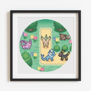 May include: Framed pixel art print featuring a circular design with various colorful creatures in a grassy landscape. The artwork includes a path, flowers, and several cartoon characters in a vibrant, detailed composition. The print is set in a black frame.