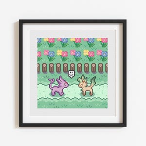 May include: Framed pixel art print featuring two cartoon creatures in a grassy field with flowers and a fence. One creature is purple, the other is tan. A speech bubble with a smiley face is above the purple creature.