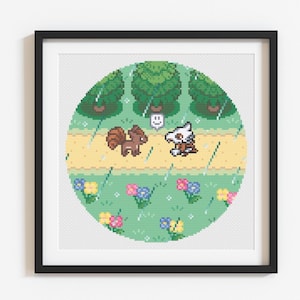 May include: A framed pixel art print featuring a circular scene with two cartoon creatures walking on a path. The scene includes green trees, colorful flowers, and rain. The print is in a black frame.