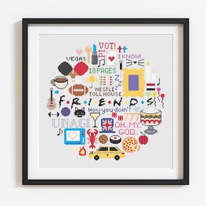 Puede incluir: Imagen de un bordado de punto de cruz enmarcado en un marco negro. El diseño circular incluye iconos y texto, como una taza de café, un balón de fútbol y la palabra "FRIENDS". Otros textos incluyen "VEGAS", "18 PAGES" y "How you doin'?".