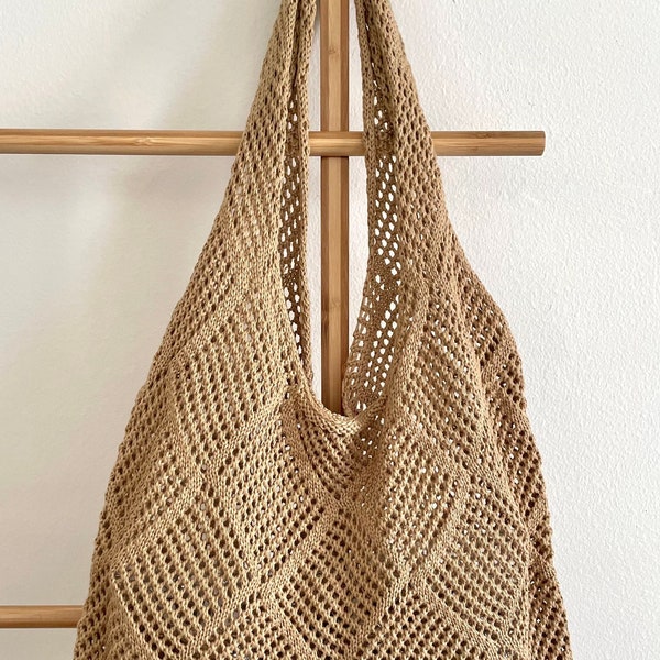 Crochet Tote Bag knitted knit shoulder bag handbag reusable handmade hand knit back to school girls women minimalist aesthetic beige brown