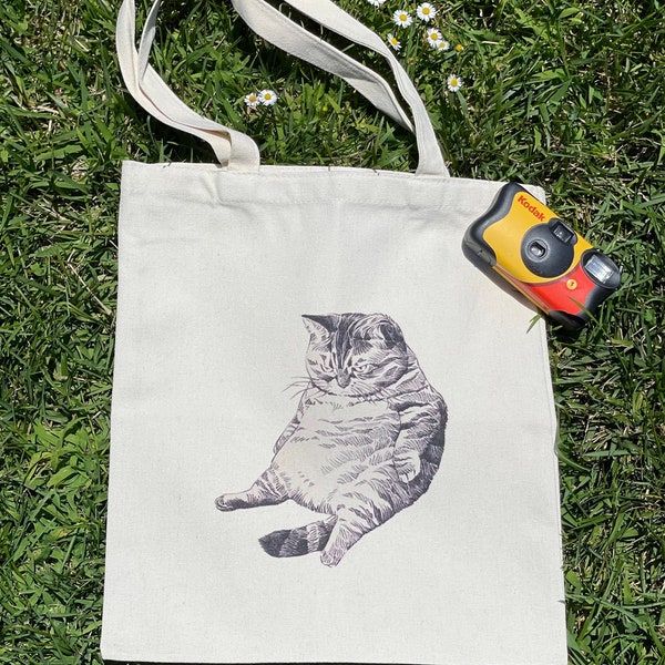 Fat Cat Tote Bag kitten shoulder bag cat lover crazy cat lady gift cotton vintage cat cloth tote