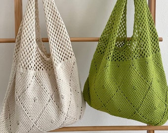 Crochet Tote Bag knitted shoulder bag knit cute gift back to school women's girls floral reusable beach day crossbody sling beige green