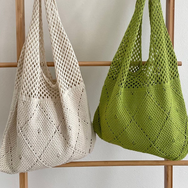 Crochet Tote Bag knitted shoulder bag knit cute gift back to school women's girls floral reusable beach day crossbody sling beige green