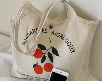 Mandarin Tote Bag shoulder bag cotton canvas pocket zipper button minimalist orange fruit vintage aesthetic back to school gift present