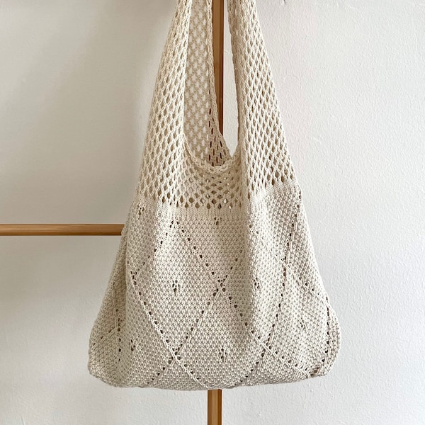 Crochet Tote Bag knitted shoulder bag knit cute gift back to school women's girls floral reusable beach day hippie boho beige green