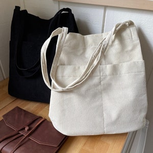 Cute Corduroy Tote Bag Shoulder Bag Black White Beige side pocket back to school gift present reusable shopper day bag handbag purse new