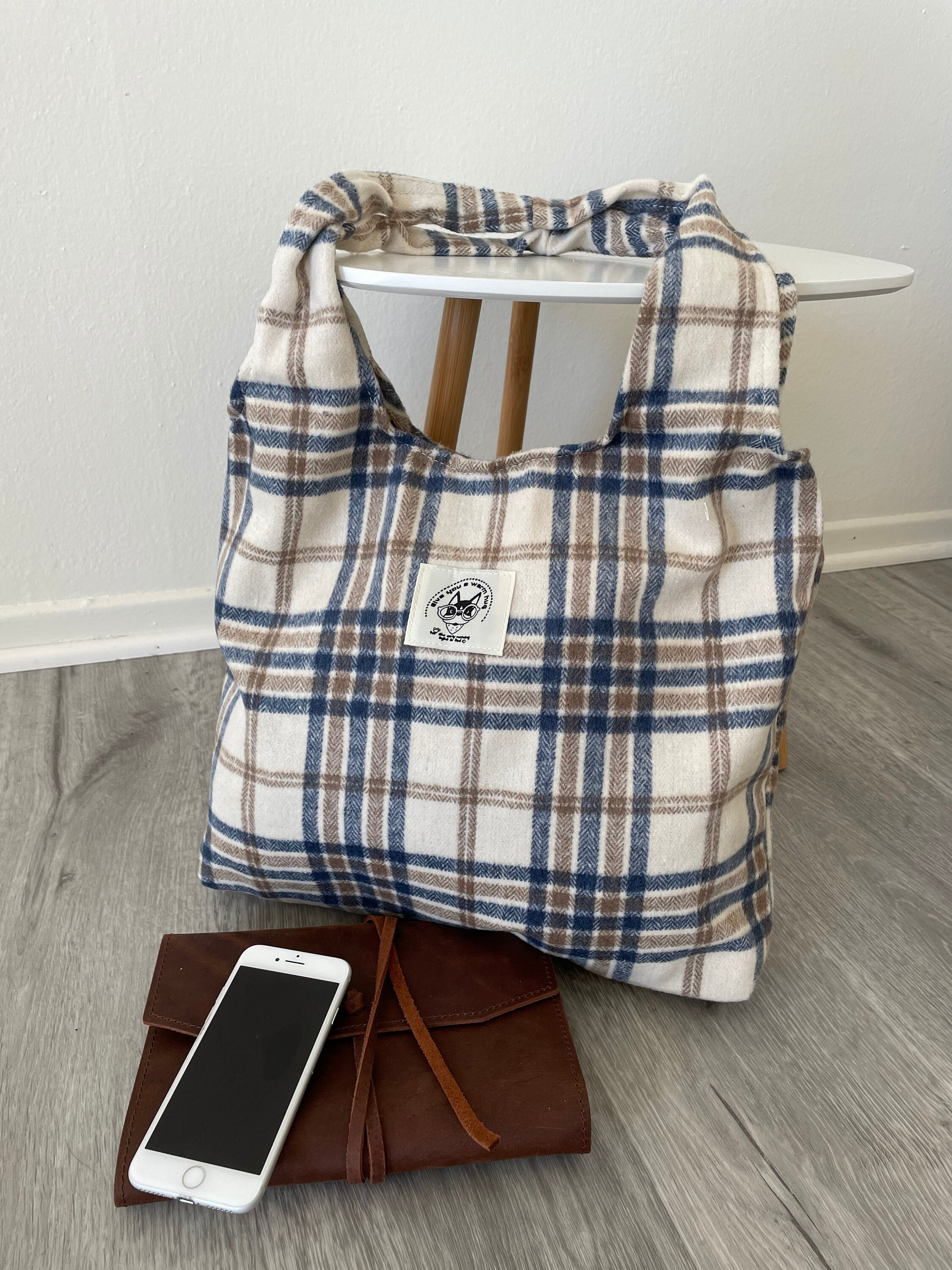 Fuzzy Plaid Shoulder Bag Tote Bag Soft Button Minimalist