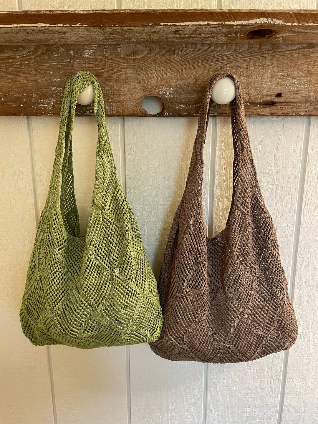 Crochet Tote Bag Beige Green Knitted Bag for women reusable back to school gift present computer cute vintage boho hippie eco friendly
