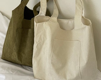 Corduroy Tote Bag Beige Green Pocket Shoulder Bag Large