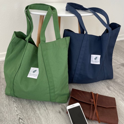 Corduroy Tote Bag Beige Green Pocket Shoulder Bag Large