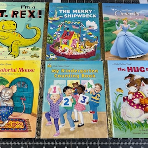 Lot of 6 Little Golden Books- Merry Shripwreck- Cinderella- Hug Book-I’m a T.Rex- The Colorful Mouse-et al junk journal- paper crafting-LotE