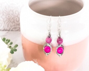 Hot pink glass bead- fuchsia shell bead- silver metal accents- Hot Pink Summer- Trendy- Drop Earrings- Gifts for Mom- Bohemian-new- silver