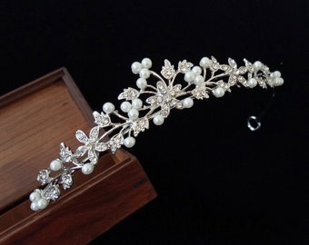 Diadema nuziale di perle e cristalli, diadema nuziale, copricapo da sposa di perle, diadema nuziale di perle, corona nuziale di cristallo, copricapo da sposa