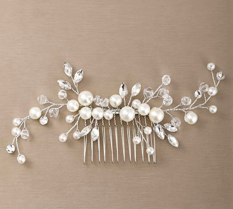 Bridal Silver Crystal Rhinestone Pearl Jewel Droplet Wedding Hair Comb/Hair Accessory/Hair Pin image 2