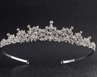 Tiara de boda de cristal, tiara nupcial de cristal plateado, tocado de boda de cristal, tocado nupcial de cristal, tiara nupcial de plata