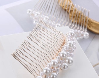 Pearl Bridal Comb, Silver Wedding Comb, Pearl Wedding Accessory, Brides Pearl Hair Comb Rose Gold