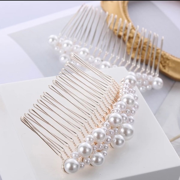 Pearl Bridal Comb, Silver Wedding Comb, Pearl Wedding Accessory, Brides Pearl Hair Comb Rose Gold