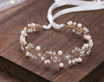 White & Crystal Pearl Bead Hair Vine Silver Rose Gold Bridal Wedding Bridesmaid Bride Flower Girl Headband Tiara Piece Party Alice