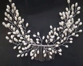 Bridal Hair Vine Comb, Pearl Flowers Crystals, Wedding Bride Hair vine, Handmade, Prom Occasion, Silver Ivory Flower Floral