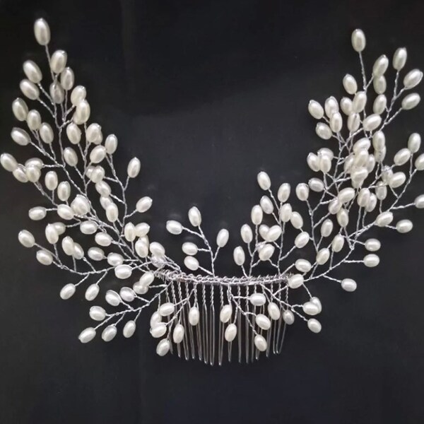 Bridal Hair Vine Comb, Pearl Flowers Crystals, Wedding Bride Hair vine, Handmade, Prom Occasion, Silver Ivory Flower Floral