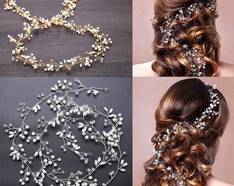 Gold Silver 50cm Bridal hair vine, Bridal hairpiece Wedding hair jewelry Crystal Pearl hair vine Silver, Bridal hairpiece