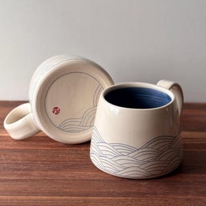 Hand Thrown and Carved Ceramic Mug with Wave Pattern and handle - 11 fl oz | Lake life | Salt life