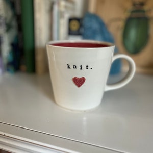 Heart Knit mug with handle - 11 fl oz | Gift for Knitter  | Handmade Wheel Thrown and Carved Stoneware