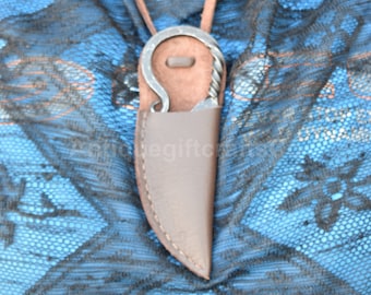 Hand-Forged Viking Pocket Knife with Leather Cover – Medieval Neck Pendant Knife