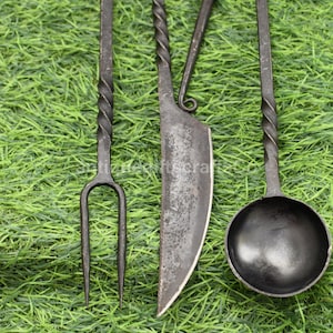Hand Forged medieval Cutlery set With Suede Pouch.