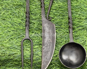 Hand Forged medieval Cutlery set With Suede Pouch.