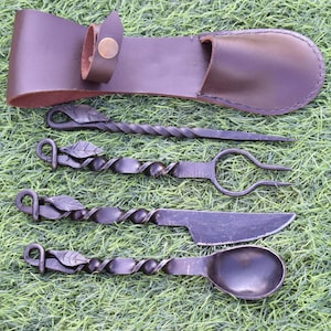 Hand Forged Medieval Leaf Design Cutlery Set With Leather Cover. Best Gift for Christmas, Halloween, New year etc.
