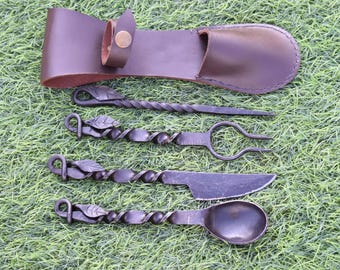 Hand Forged Medieval Leaf Design Cutlery Set With Leather Cover. Best Gift for Christmas, Halloween, New year etc.