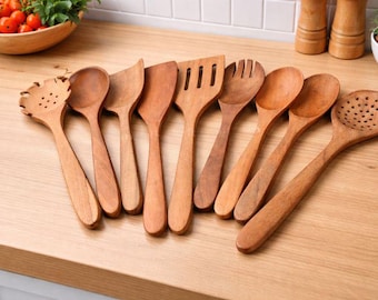 Handcrafted Wooden Kitchen Utensil Set | Natural Wood Cooking & Serving Cutlery | Eco-Friendly Kitchen Untesils