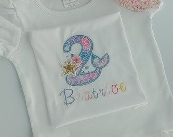 Personalised Mermaid Shirt or Onesie/Bodysuit | Custom Birthday Gift | Embroidery Toddler Shirt or Onesie/Bodysuit | Girls Custom Shirt