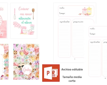 Puede incluir: Una plantilla de libro de recetas imprimible rosa y blanca con un diseño floral y el texto "Recetario Gaby" y "Cocinar con amor alimenta el alma". La plantilla es editable e incluye páginas para recetas, ingredientes e instrucciones.