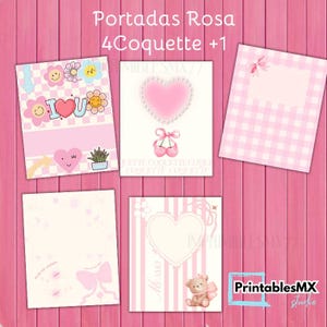 Set Digital de 5 Portadas y Contraportada en Tonos Rosa, Estilo Coquette – 300 PPI para Media Carta y Oficio