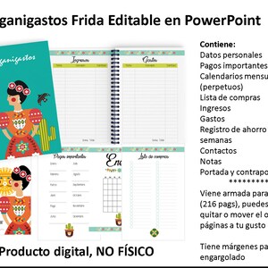 Puede incluir: Un planificador digital "Organigastos Frida" en PowerPoint, con un diseño inspirado en Frida Kahlo en la portada. El planificador incluye secciones para datos personales, pagos, calendarios mensuales, listas de compras, ingresos, gastos y más.