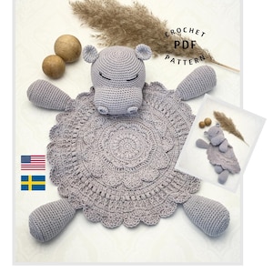 Crochet pattern cute hippo Comforter blanket, mönster virkad Flodhästsnutte