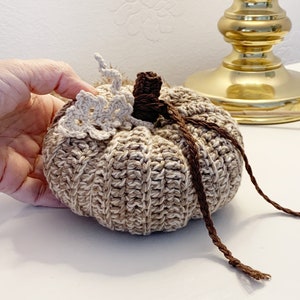May include: A handmade crochet pumpkin in shades of beige and brown. The pumpkin has a textured, ribbed design with a dark brown stem and a cream-colored leaf accent. A brown yarn is attached to the stem.