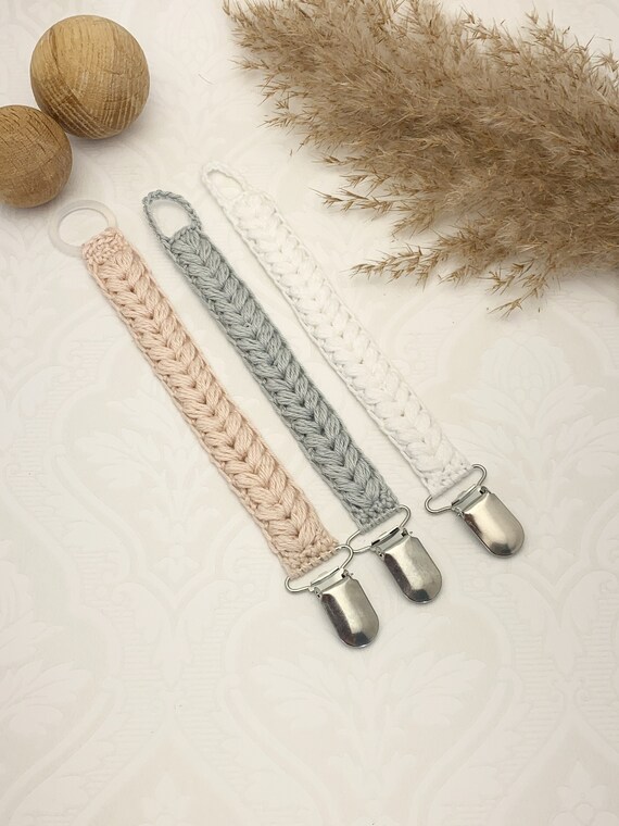 Macrame Braided Pacifier Clip - Beige Trim Macrame Braided Pacifier Clip - Beige Trim