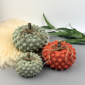 May include: Three crocheted pumpkins with a textured bobble stitch pattern. Two pumpkins are sage green and one is burnt orange. Each pumpkin features a natural twig stem tied with a thin brown twine bow, creating a rustic appearance.