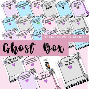 Puede incluir: Un conjunto de 25 tarjetas imprimibles de Halloween con forma de l&aacute;pida, con frases como "You are my BOO" y "Kinda cute, kinda spooky". Cada tarjeta presenta un dise&ntilde;o de ara&ntilde;a y coraz&oacute;n. El texto "Ghost Box" es visible.