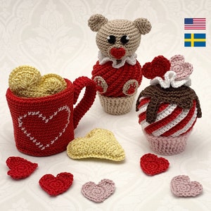 Crochet pattern Valentines cupcakes and cup full of hearts, English US Terms & Swedish, Virmönster Alla hjärtans dags kit