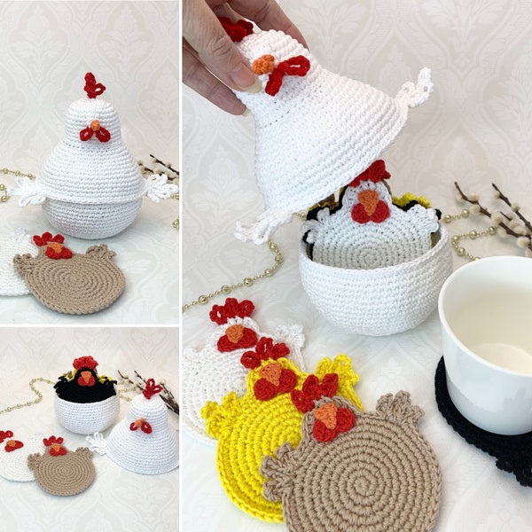 Crochet pattern Cute Coasters for Easter with Hen Basket, English (US Terms) & Swedish