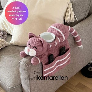 Patrón de organizador de sofá con forma de gato a crochet, organizador para reposabrazos, organizador de sofá, términos en inglés (EE. UU.) y francés