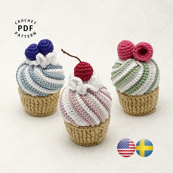 Pattern crochet Cupcakes, English US Terms & Swedish, Virkmönster smarriga cupcakes