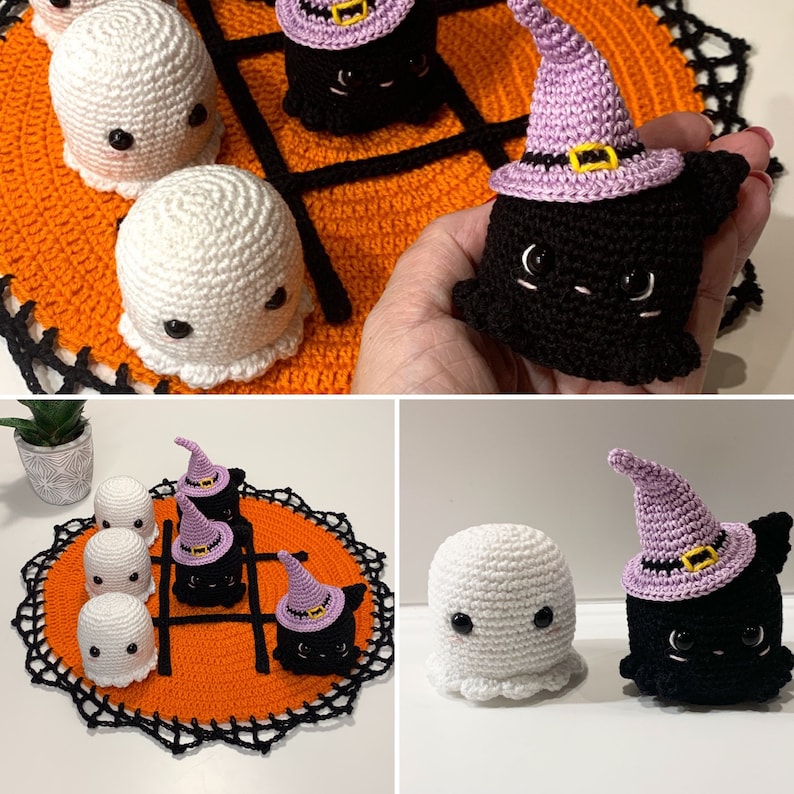 Puede incluir: Juego de tres en raya con tem&aacute;tica de Halloween, tejido a ganchillo. El juego incluye un tablero de juego naranja con borde negro, l&iacute;neas de juego negras y piezas de juego de fantasmas y gatos negros tejidos a ganchillo con sombreros de bruja.